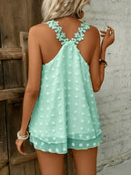 Women's Textured V-Neck Sleeveless Top with Floral Strap Details
