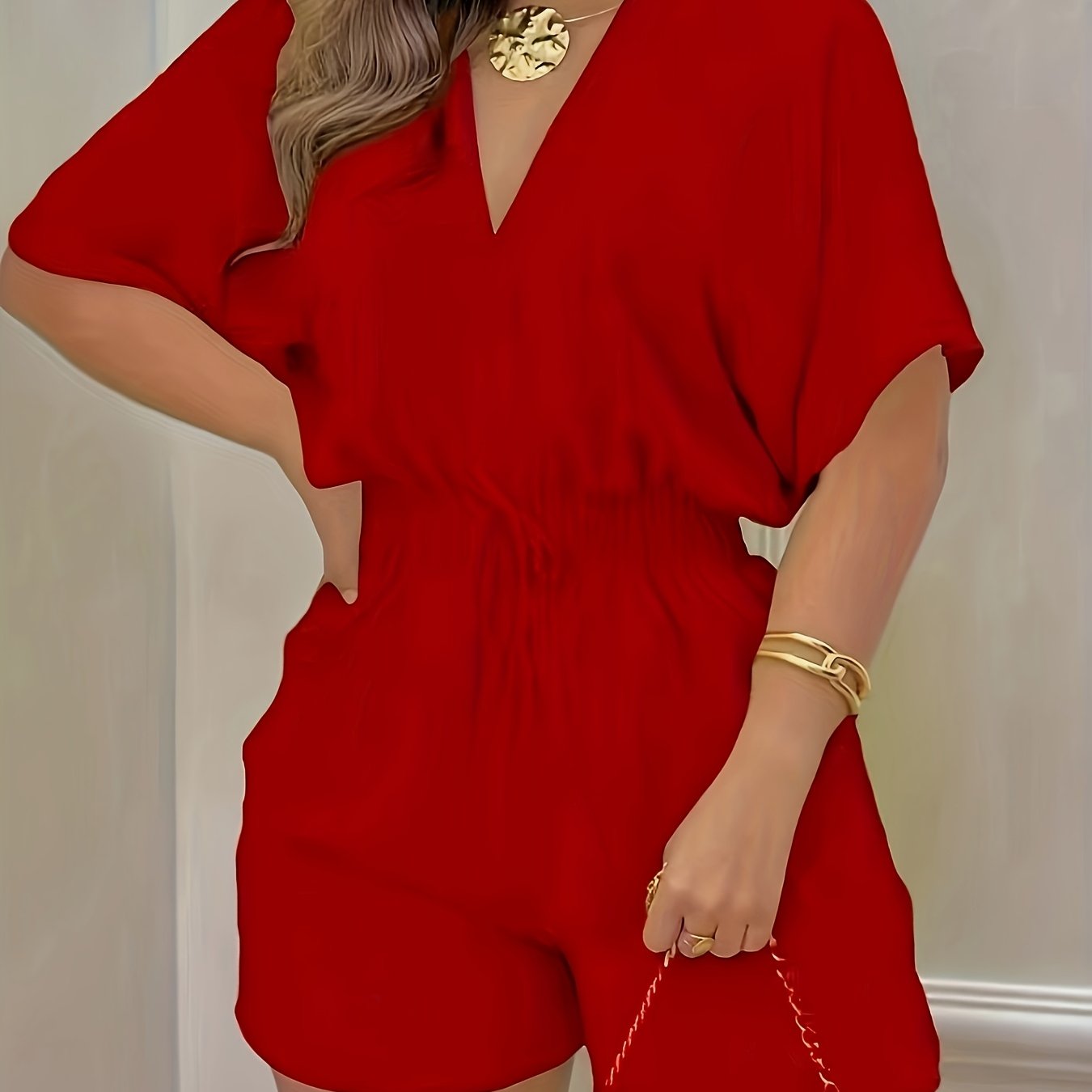 Women's Relaxed V-Neck Drawstring Waist Romper