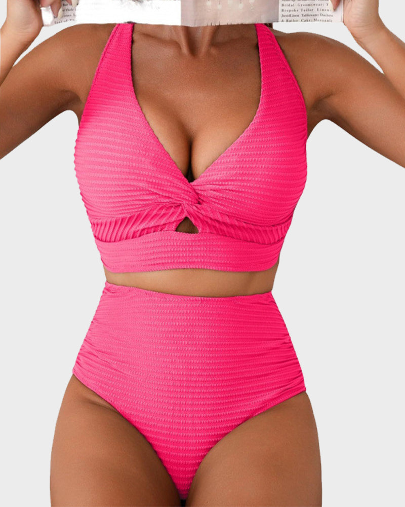 Women's Ribbed Bikini Set with Twist-Front Top and High-Waisted Bottoms
