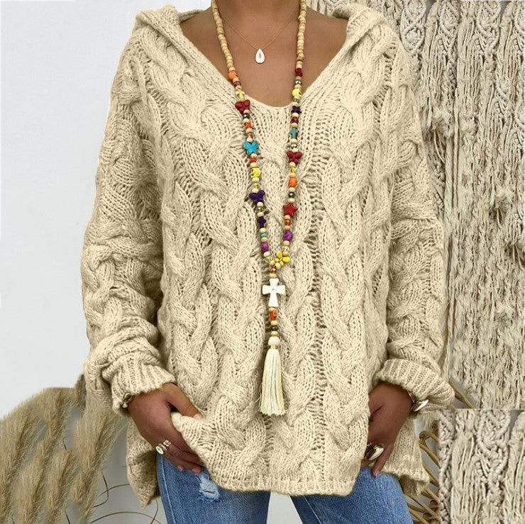 Pull à capuche pour femme en maille torsadée
