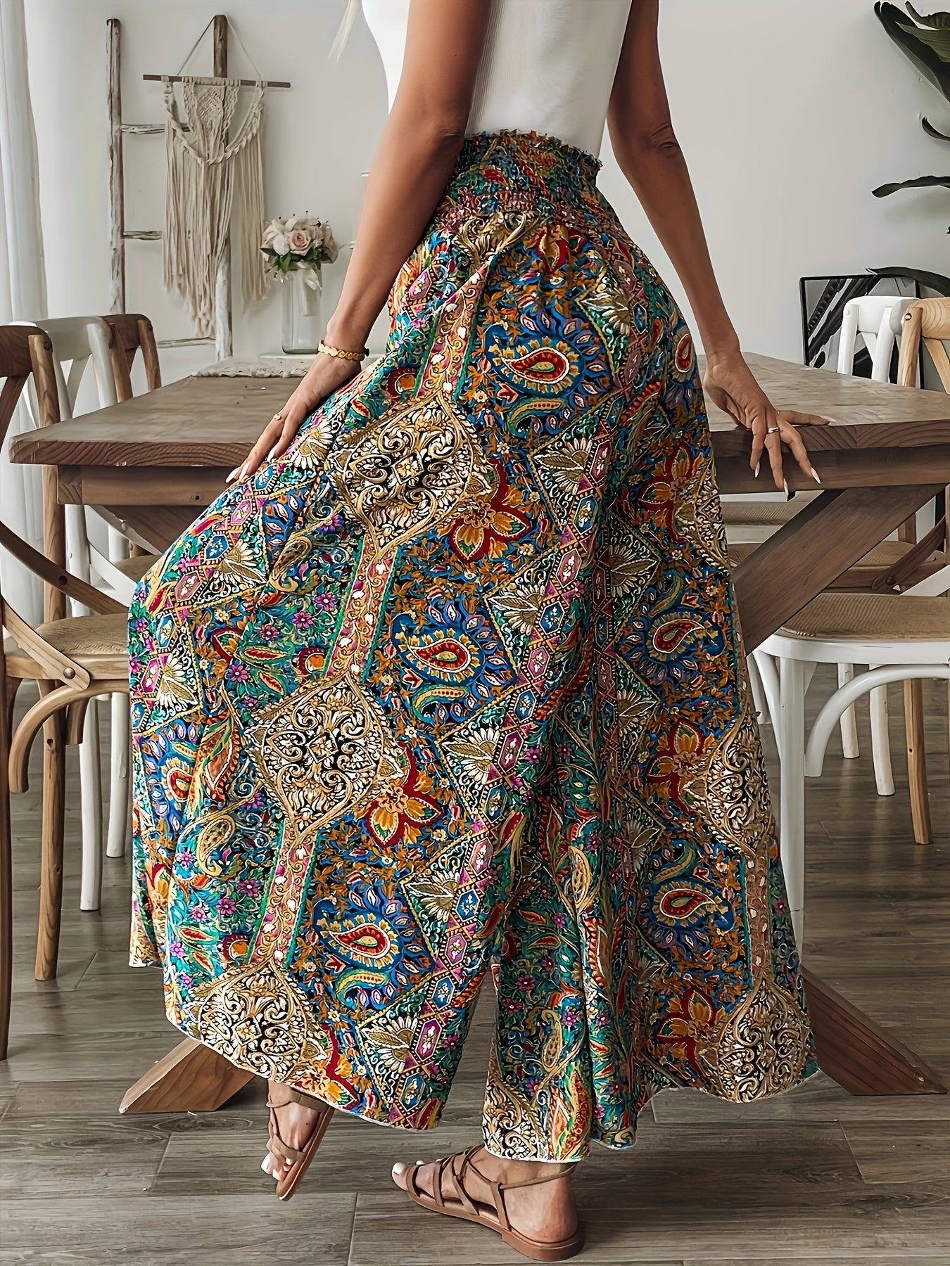 Pantalones de pierna ancha estampados de estilo bohemio para mujer