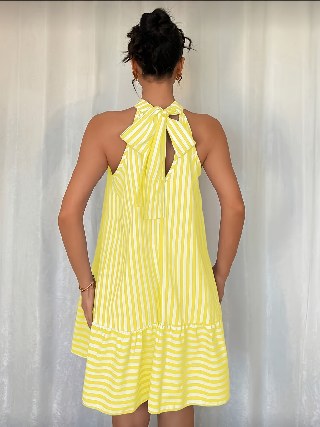 Women's Striped Halterneck Mini Dress with Tiered Hem and Loose Fit