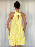 Women's Striped Halterneck Mini Dress with Tiered Hem and Loose Fit