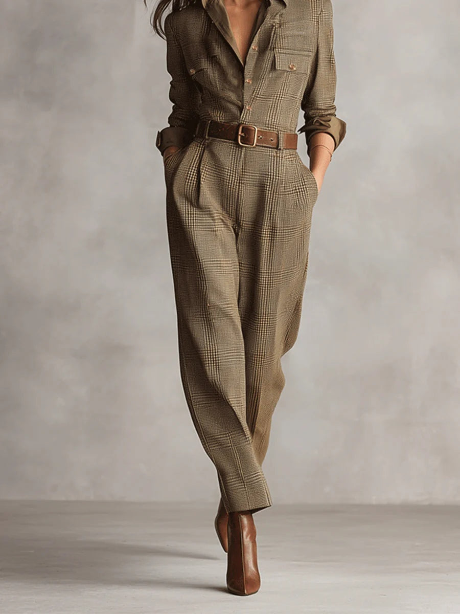 Women's Belted Long Sleeve Tailored Jumpsuit