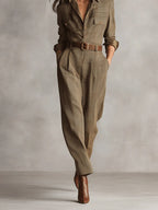 Women's Belted Long Sleeve Tailored Jumpsuit