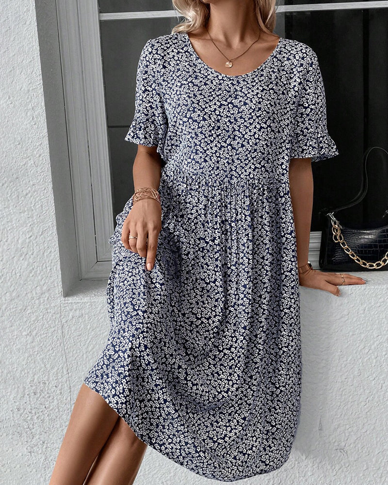 Women's Floral Midi Dress with Short Sleeves for Everyday Elegance