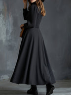 Women's Long-Sleeve Maxi Dress with High Neck and Flared Skirt