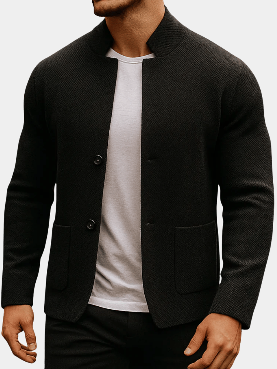 Veste en maille décontractée pour homme avec col montant texturé et boutons sur le devant