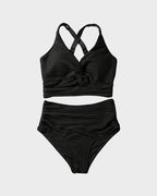 Damen-Rippen-Bikini-Set mit gedrehtem Oberteil und hochgeschnittenem Slip