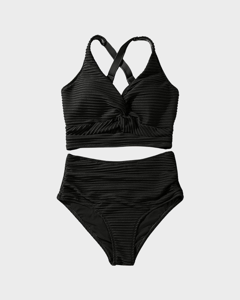 Damen-Rippen-Bikini-Set mit gedrehtem Oberteil und hochgeschnittenem Slip