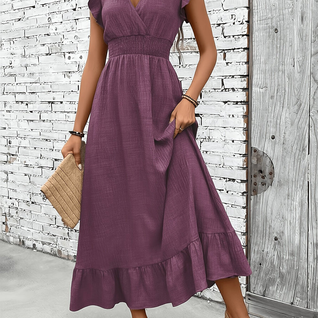Robe longue pour femme à manches volantées, col en V et taille smockée