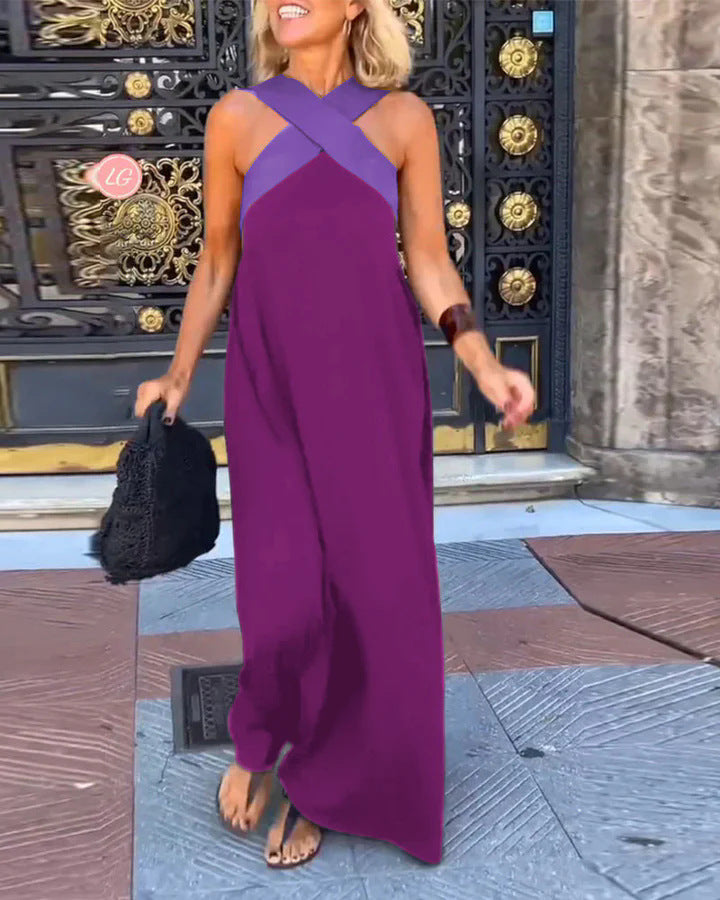 Women's Colorblock Halter Maxi Dress with Cross-Neck Detail