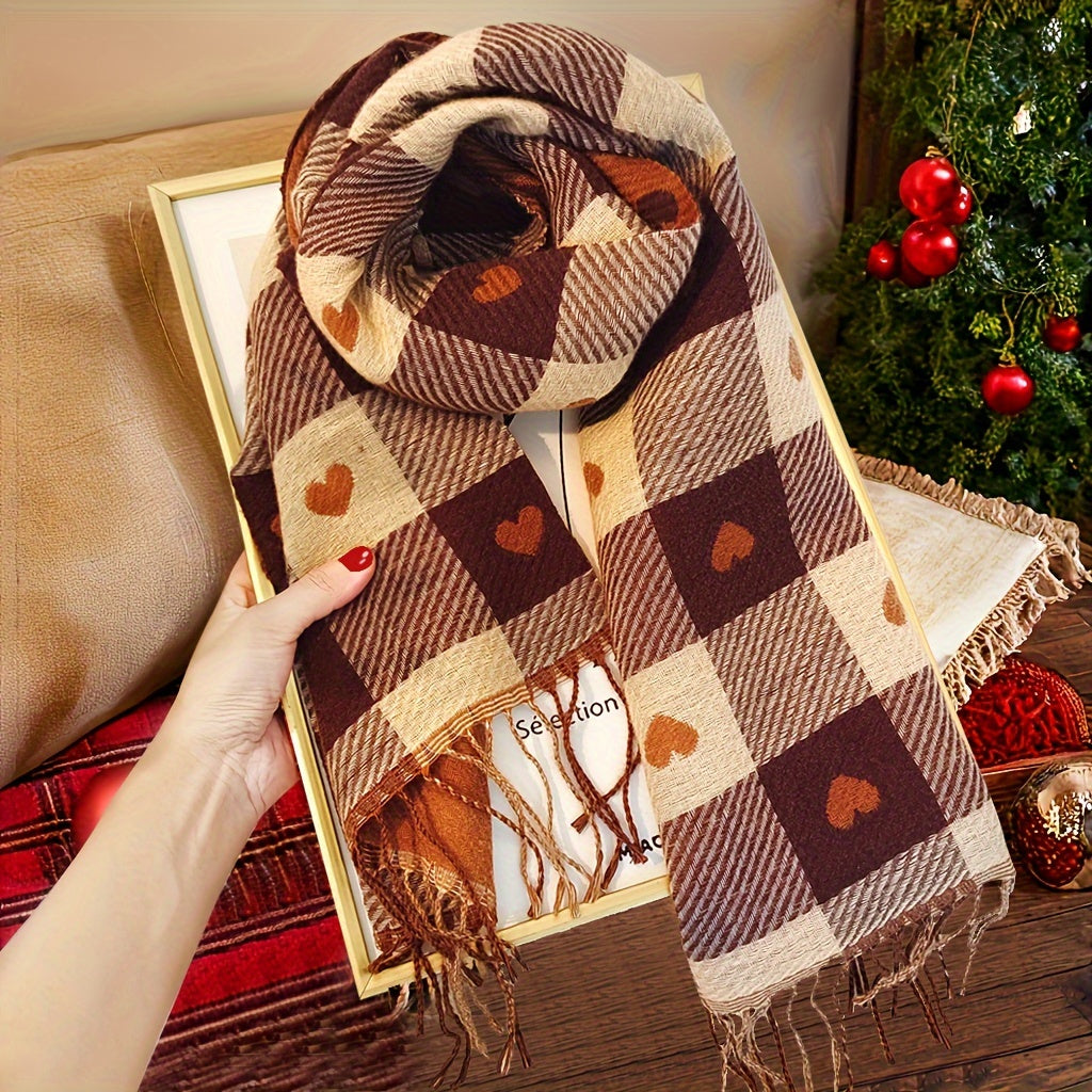 Women’s Heart Plaid Fringed Winter Scarf