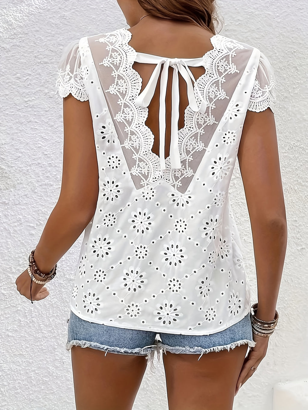 Women’s Elegant Lace Blouse with Open Back and Embroidered Details
