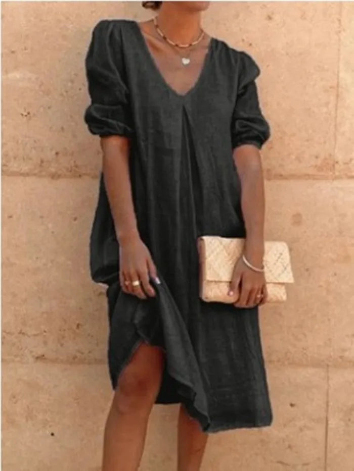 Women's Linen Blend Midi Dress with V-Neck and Relaxed Fit