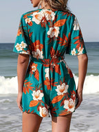 Women's Tropical Floral Belted Short Sleeve Romper