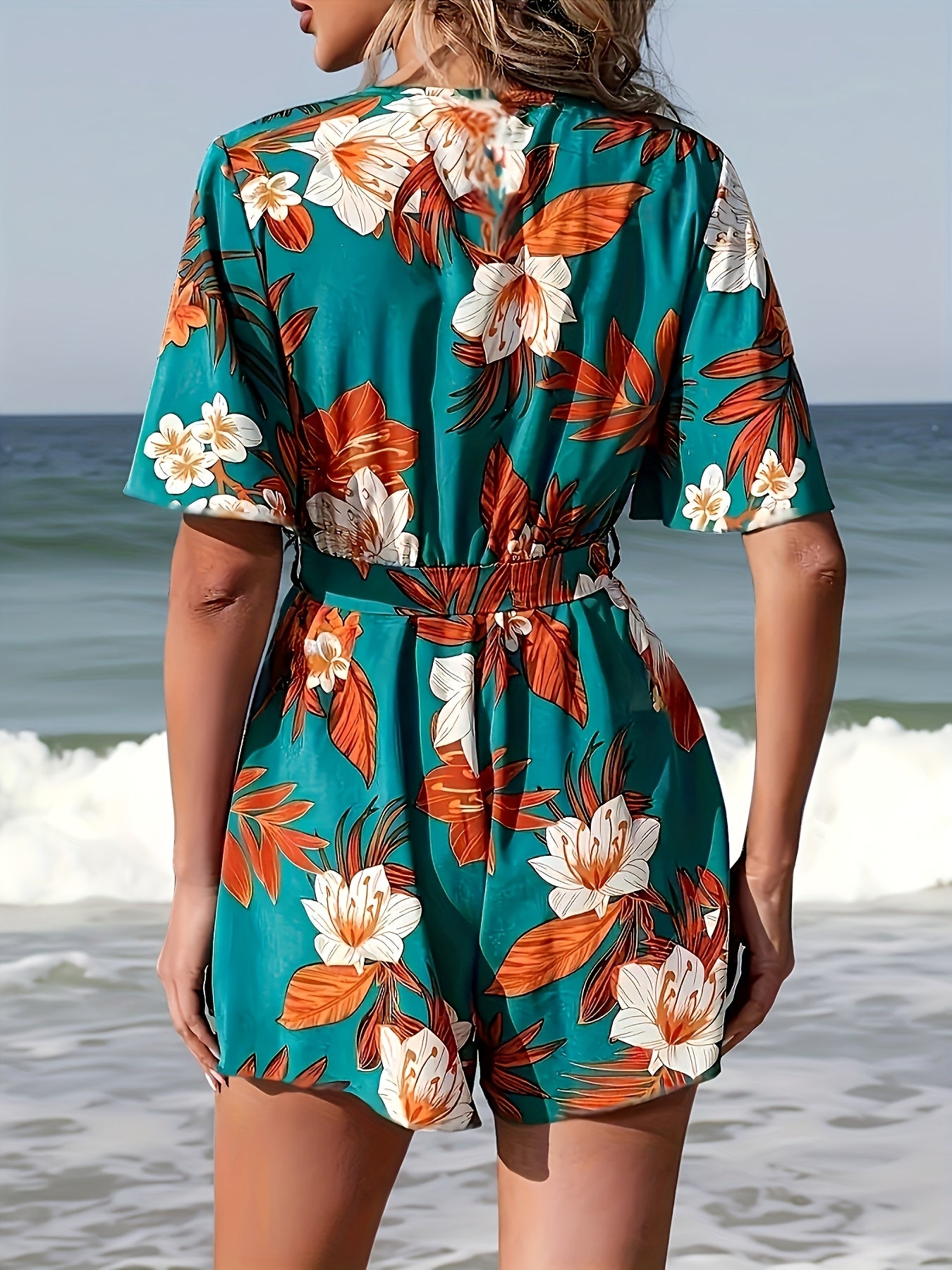 Women's Tropical Floral Belted Short Sleeve Romper