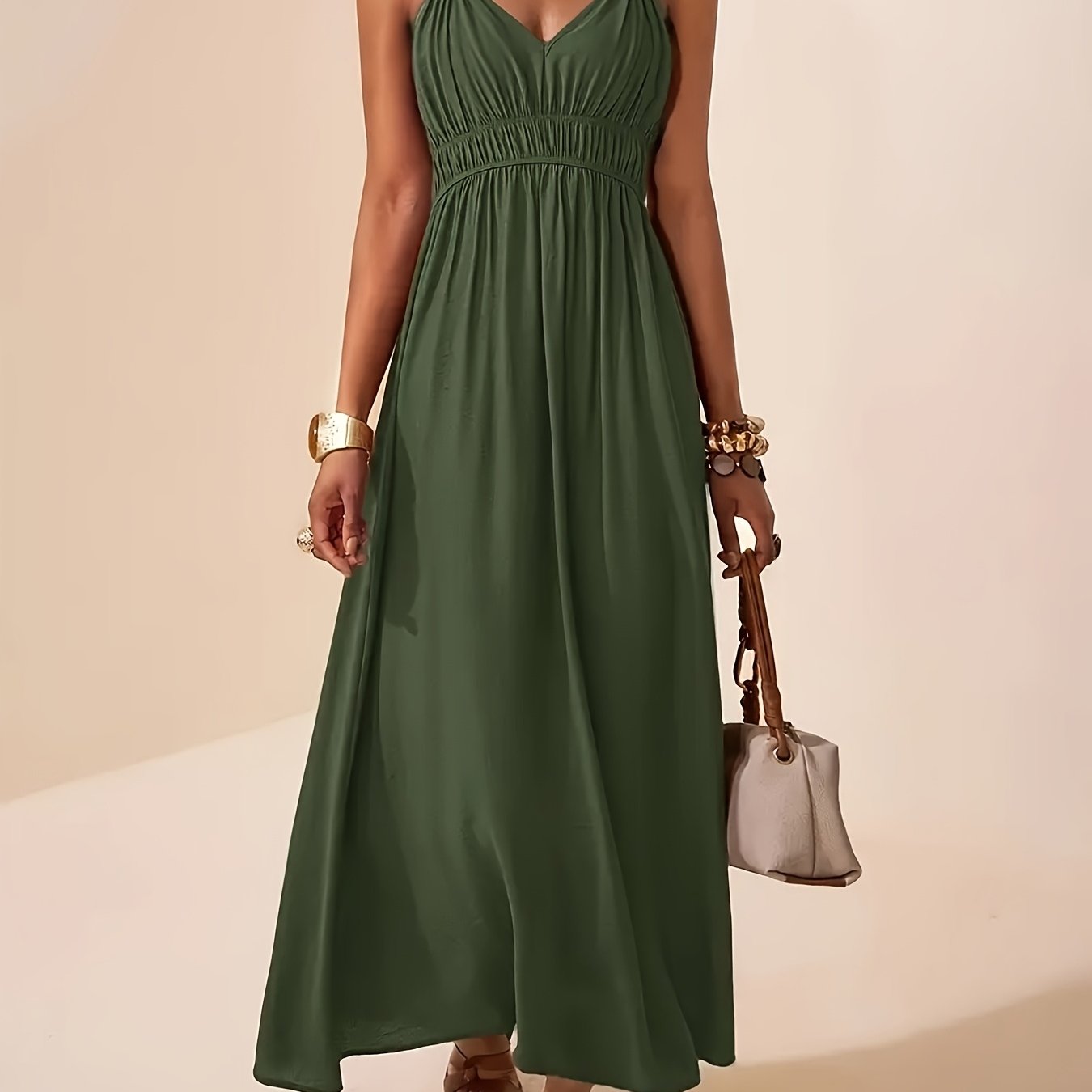 Women’s Flowing Maxi Dress with Beaded Straps and Elegant V-Neck