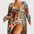 Women's Tropical Floral Three Piece Bikini Set with Sheer Cover Up