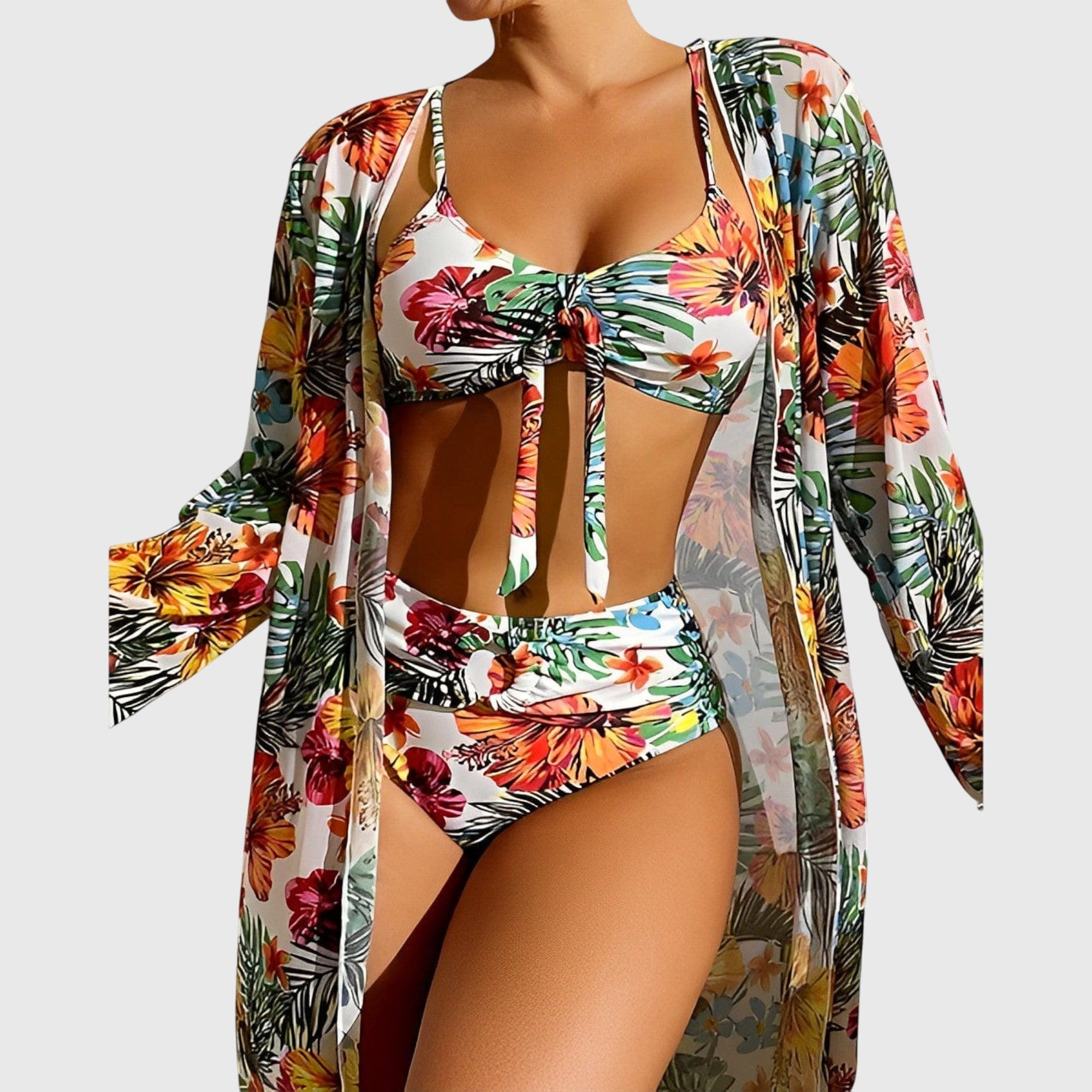Women's Tropical Floral Three Piece Bikini Set with Sheer Cover Up