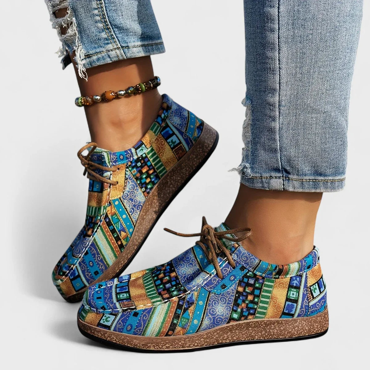 Zapatos casuales cómodos para mujer con patrón de patchwork y cordones de encaje