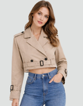 Women's Cropped Trench Jacket with Belted Waist and Tailored Fit