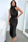 Damen Satin-Midikleid mit drapiertem Neckholder und elegant fließender Passform