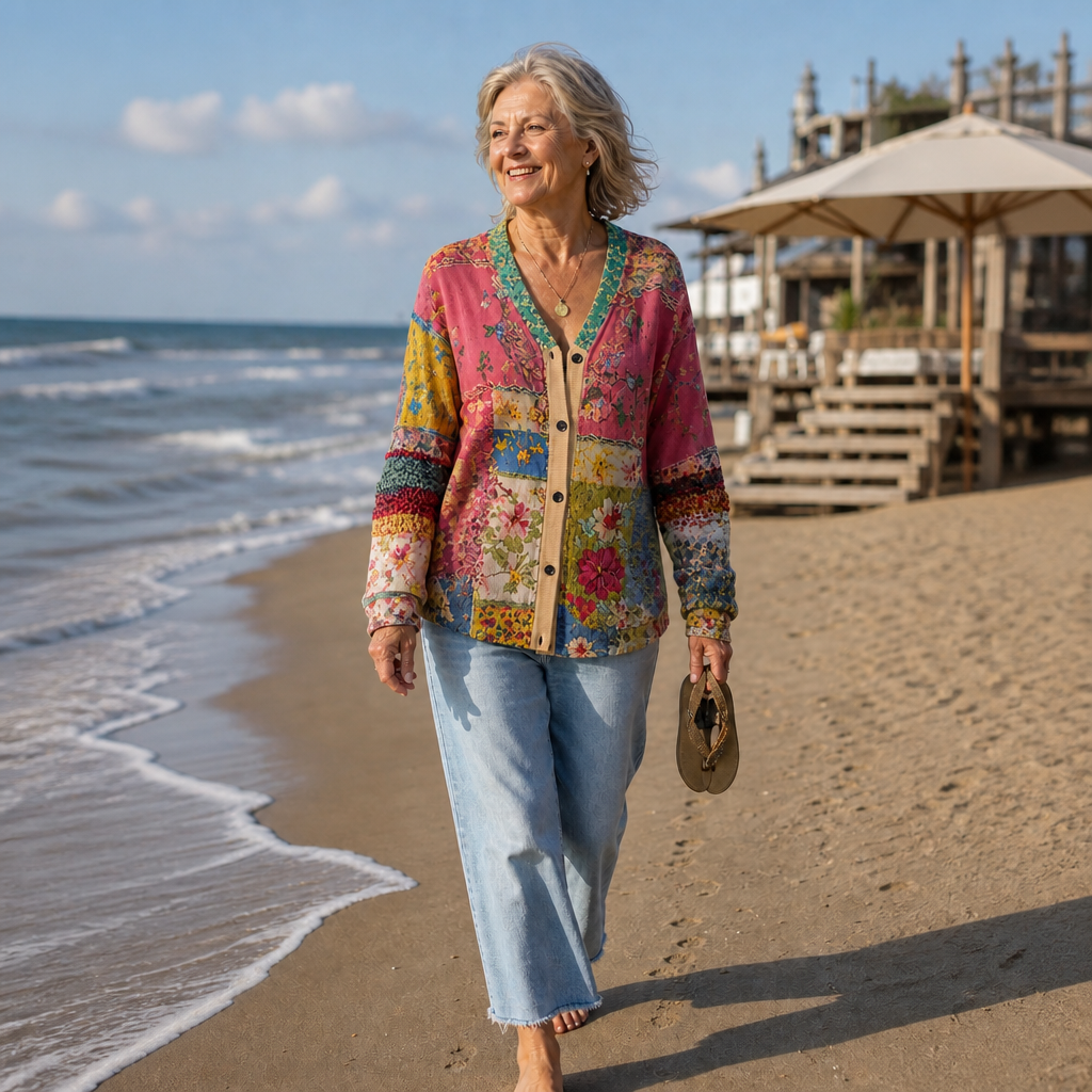 Blomstret patchwork-cardigan til kvinder