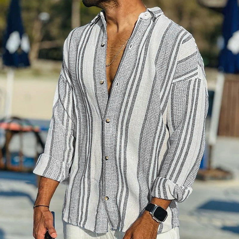 Men's Striped Cotton Linen Shirt with Long Sleeves for Summer Wear