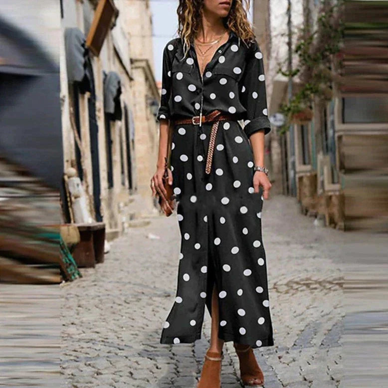 Damen Midikleid mit Polka Dots, Knopfleiste vorne und verstellbarem Taillengürtel