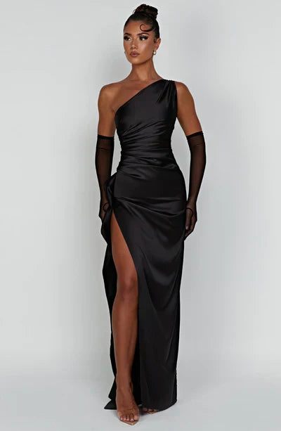 Women One-Shoulder Satin Maxi Dress with Draped Fit and High Slit Elegance