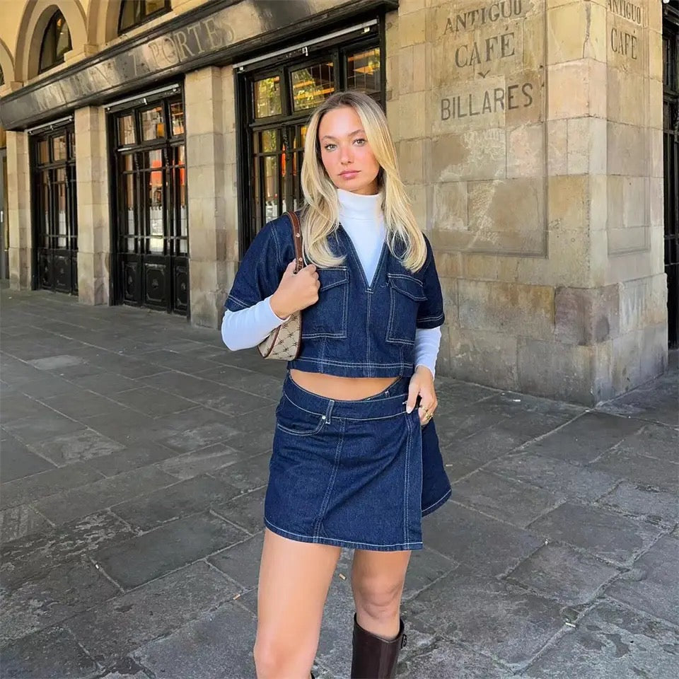Set med kort denimlinne och skort för kvinnor