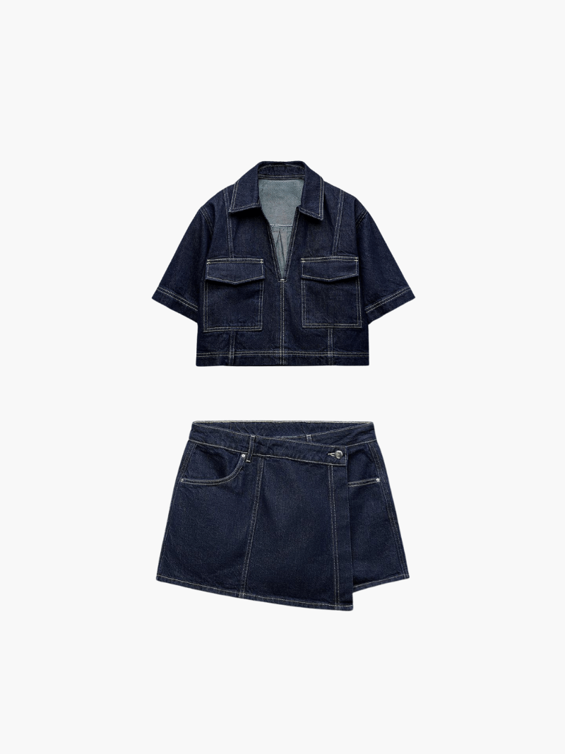 Sæt med denim-croptop og skort til kvinder