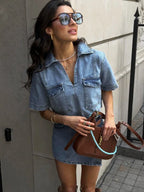 Sæt med denim-croptop og skort til kvinder