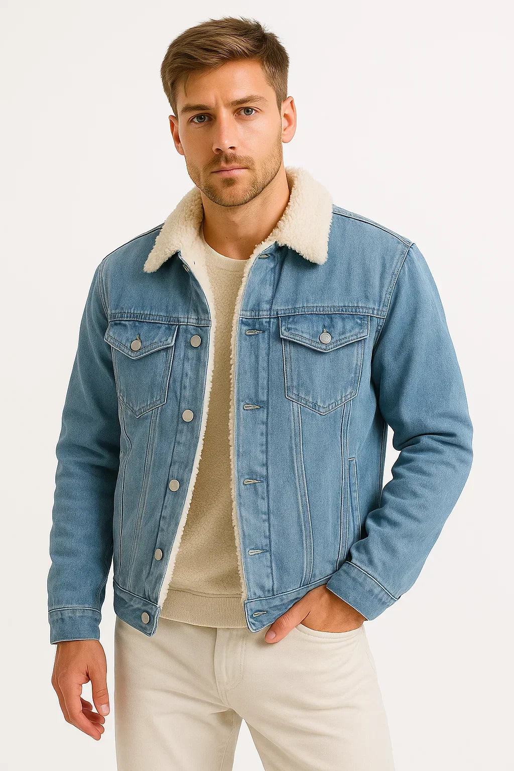 Herren-Jeansjacke mit Sherpa-Kragen
