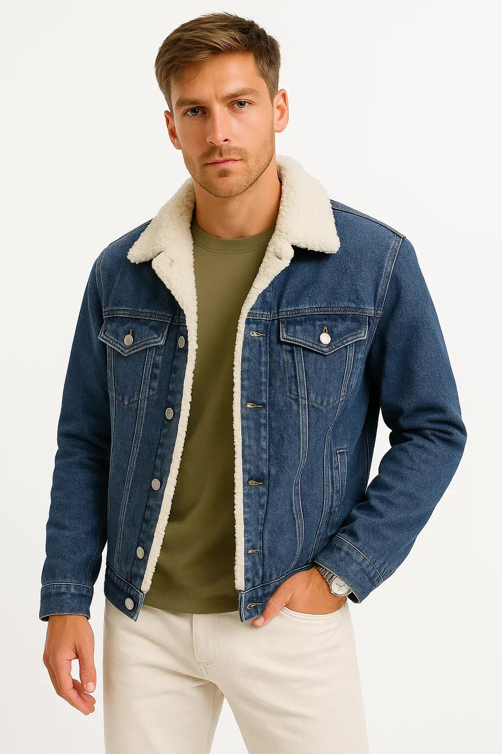 Herren-Jeansjacke mit Sherpa-Kragen