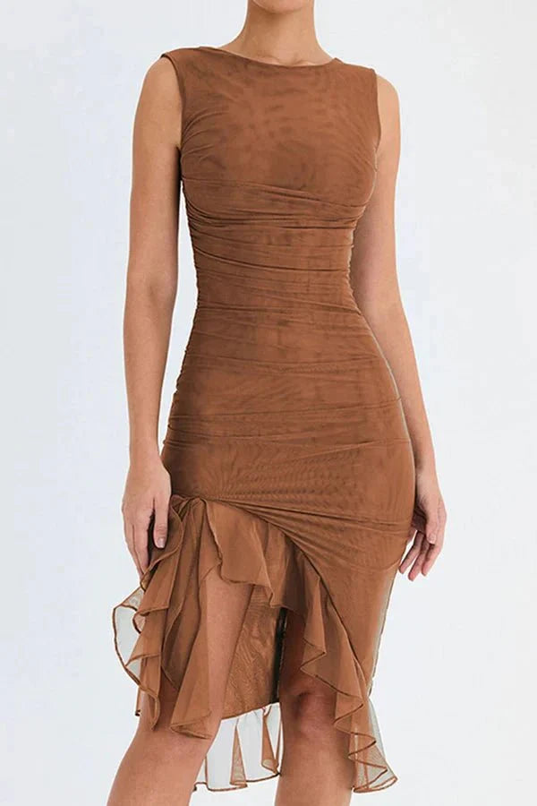 Women's Ruched Midi Dress with Ruffle Hem and Sleeveless Fitted Design