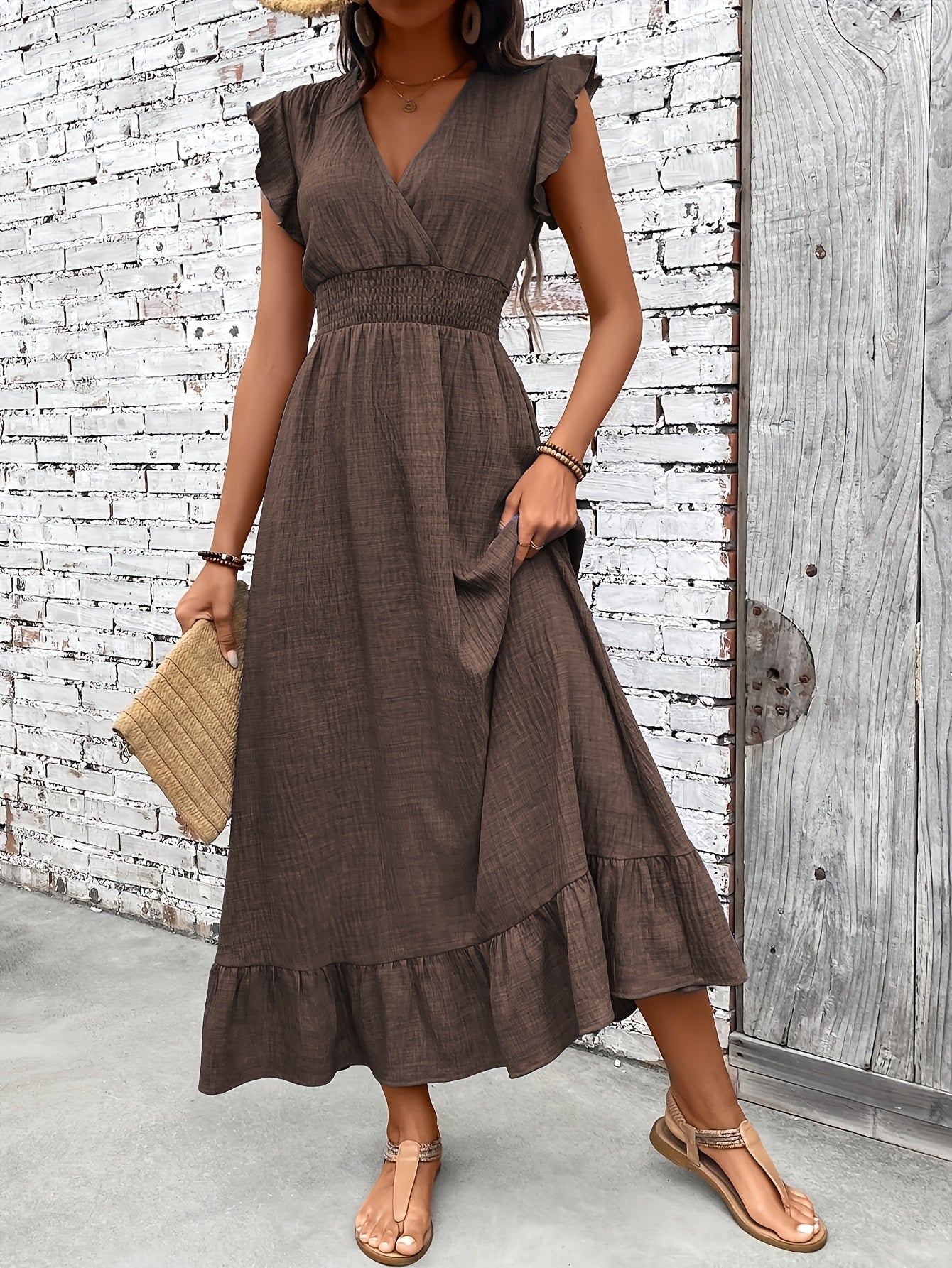Women's Ruffle Sleeve V-Neck Smocked Waist Maxi Dress