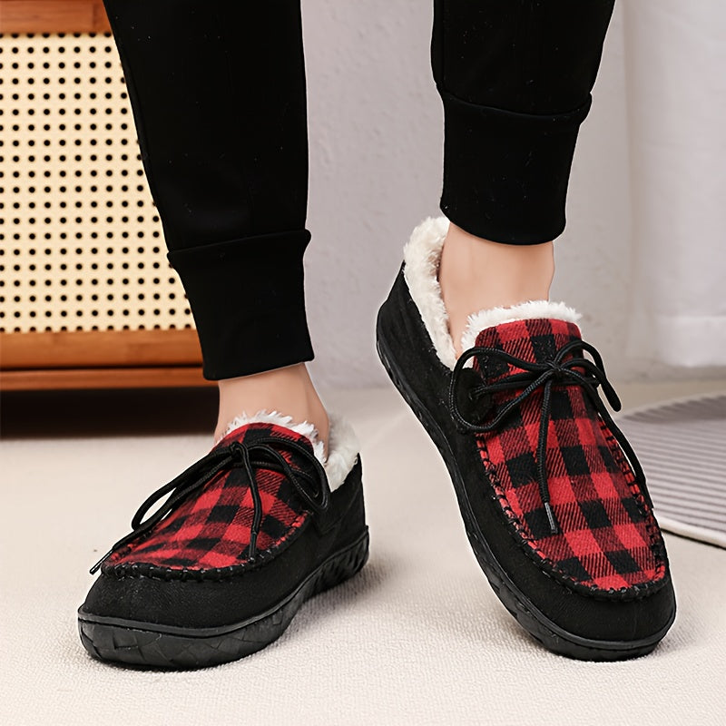 Mocassins à carreaux pour femmes, doublés en sherpa