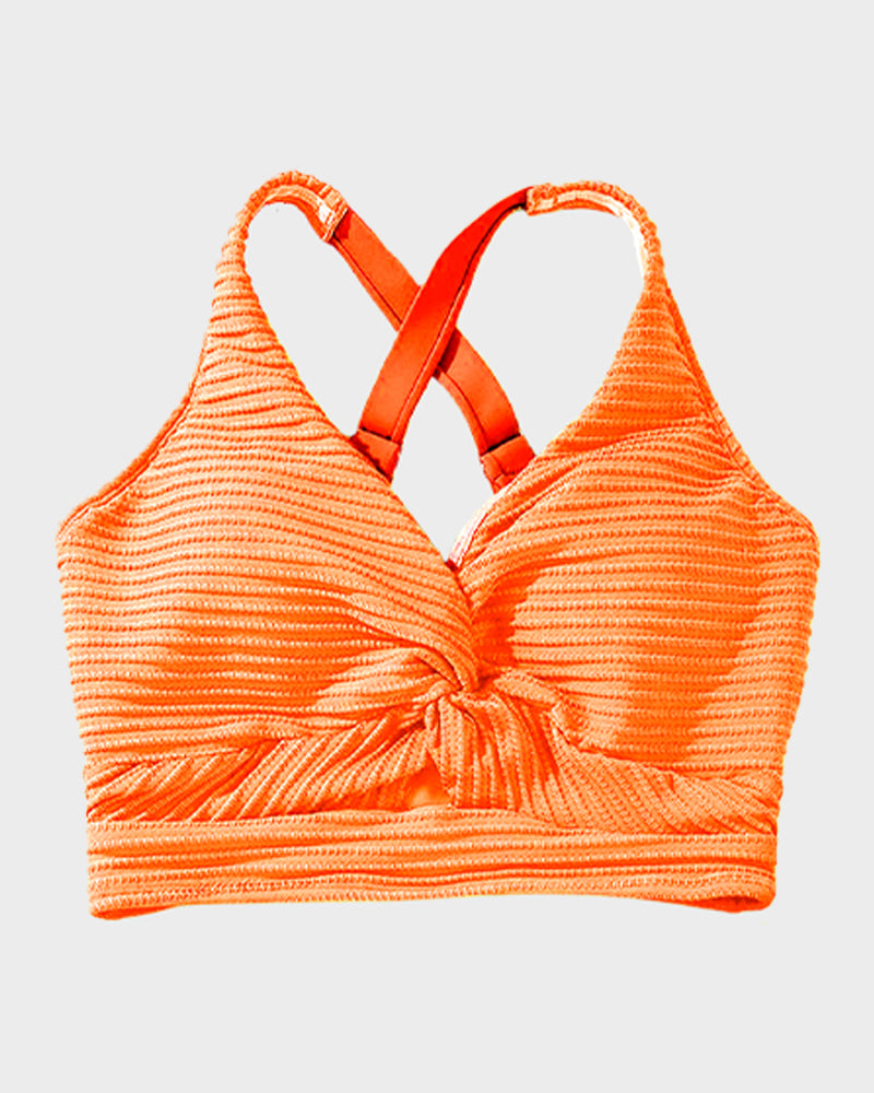 Damen-Rippen-Bikini-Set mit gedrehtem Oberteil und hochgeschnittenem Slip