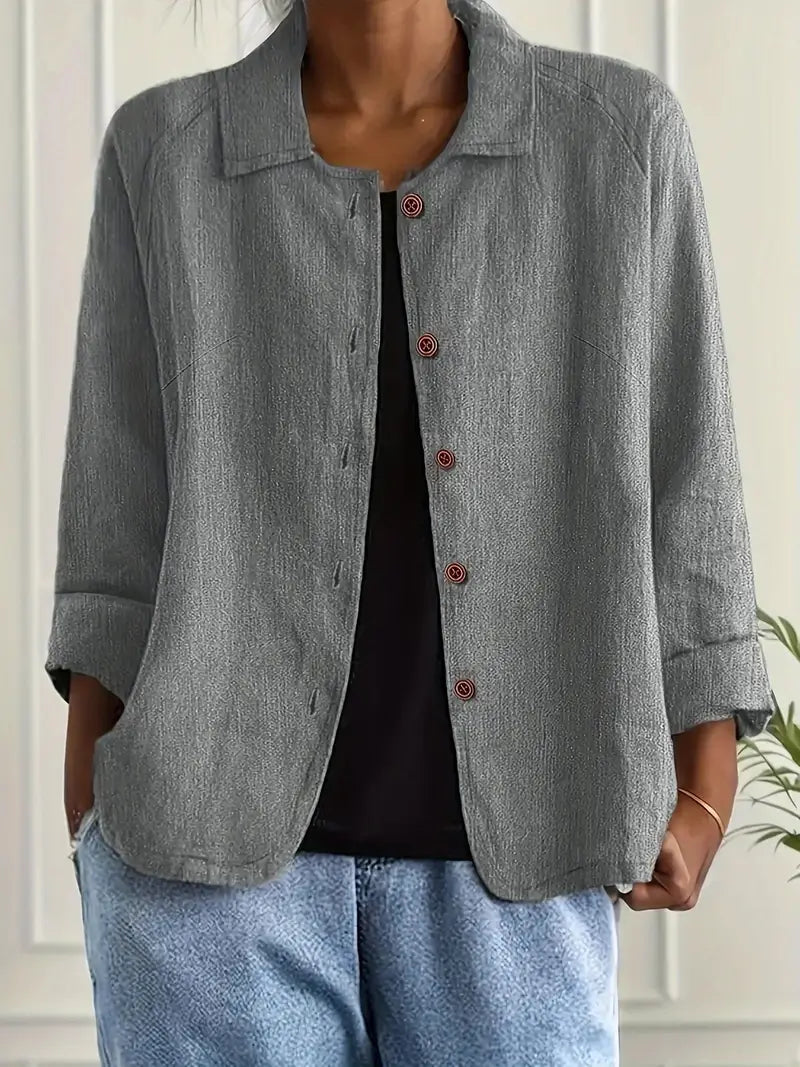 Women's Relaxed Button-Front Collared Jacket with Three-Quarter Sleeves