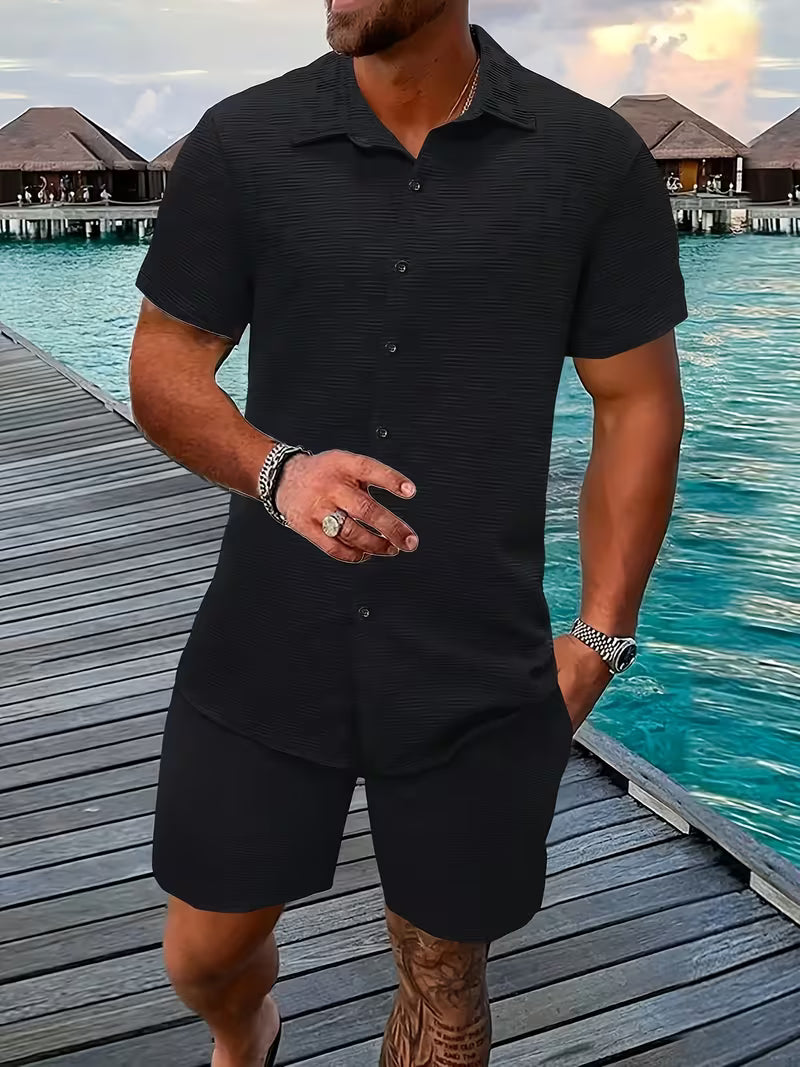 Ensemble chemise boutonnée texturée et short assorti pour homme