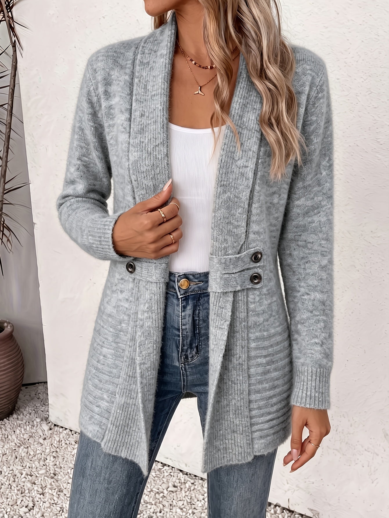 Women's Open Front Shawl Collar Knit Cardigan Sweater