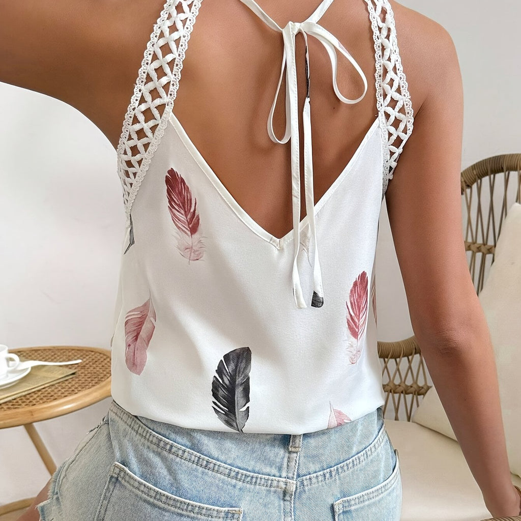 Women’s Feather Print Halter Top with Crochet Strap Detailing