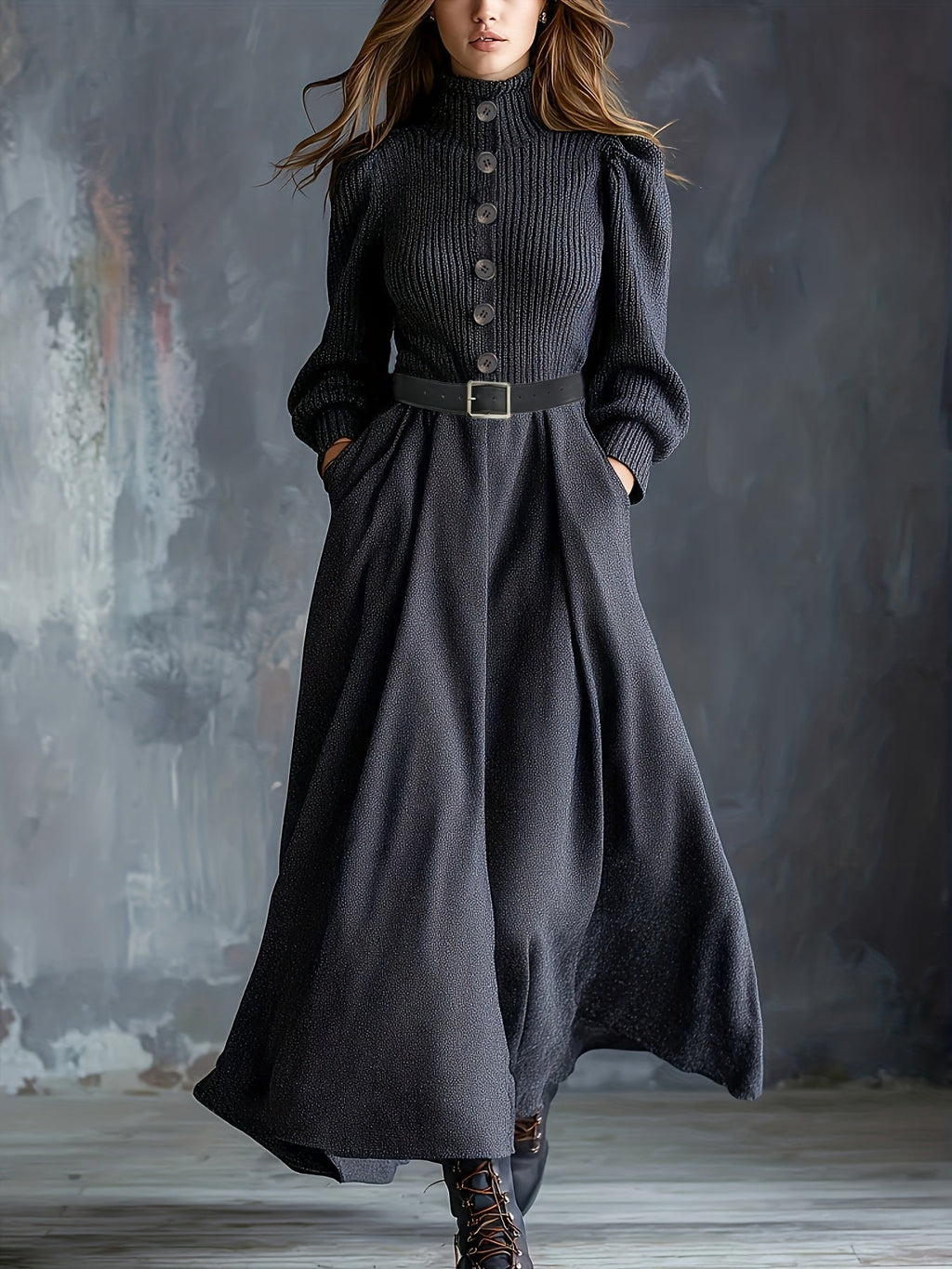 Women's Long-Sleeve Maxi Dress with High Neck and Flared Skirt