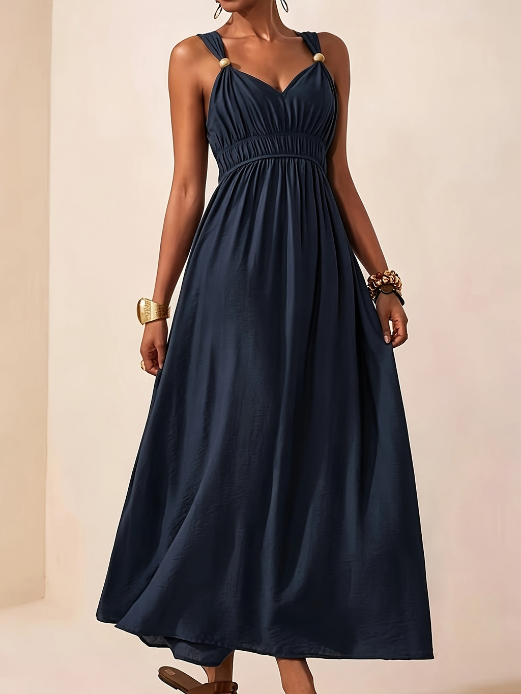 Women's Sleeveless Maxi Dress with V-Neck and Beaded Strap Details
