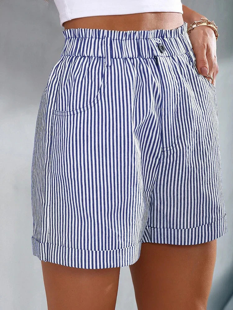 Gestreifte Damen-Shorts mit hohem Bund und Paperbag-Optik sowie umgeschlagenem Saum für den Alltag