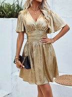 Women's Shimmer V-Neck Dress with Flutter Sleeves for Special Occasions