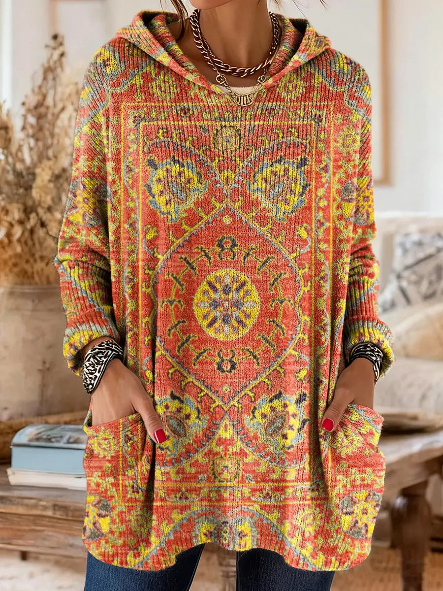 Pull tunique imprimé à capuche pour femme