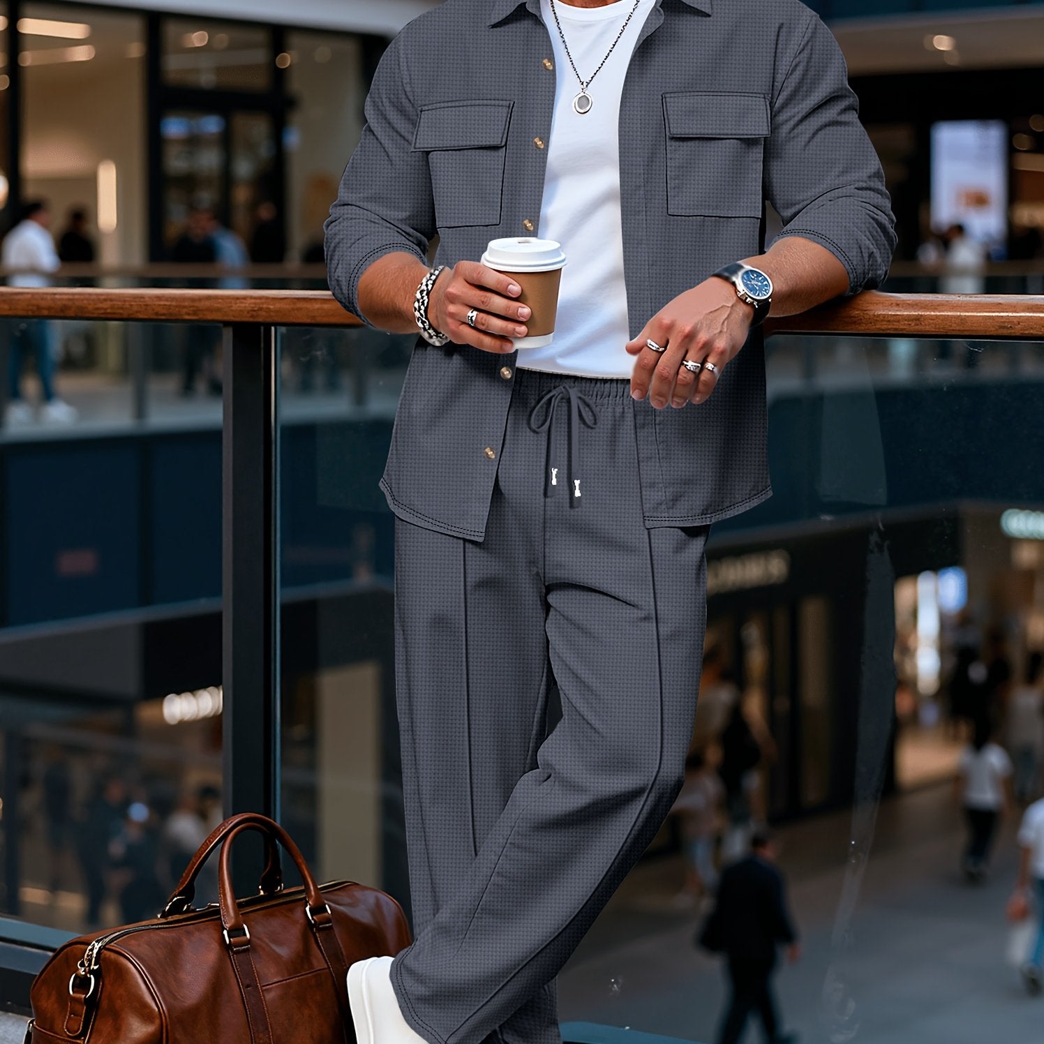 Men's Textured Overshirt & Trousers Set